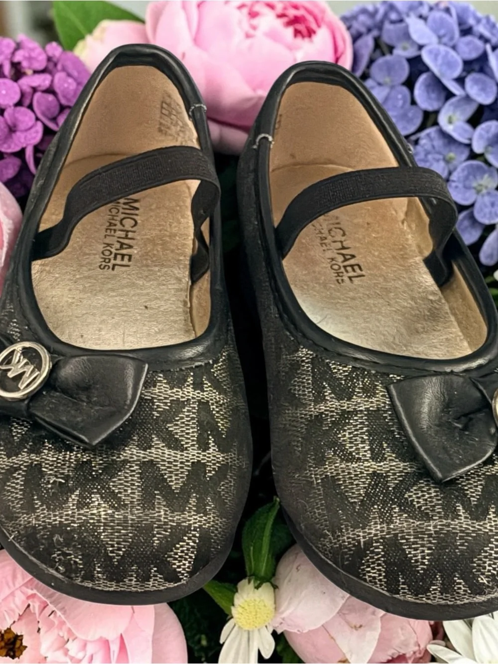 Michael Kors Black Logo Mary Jane Flats with MK Bow Accent